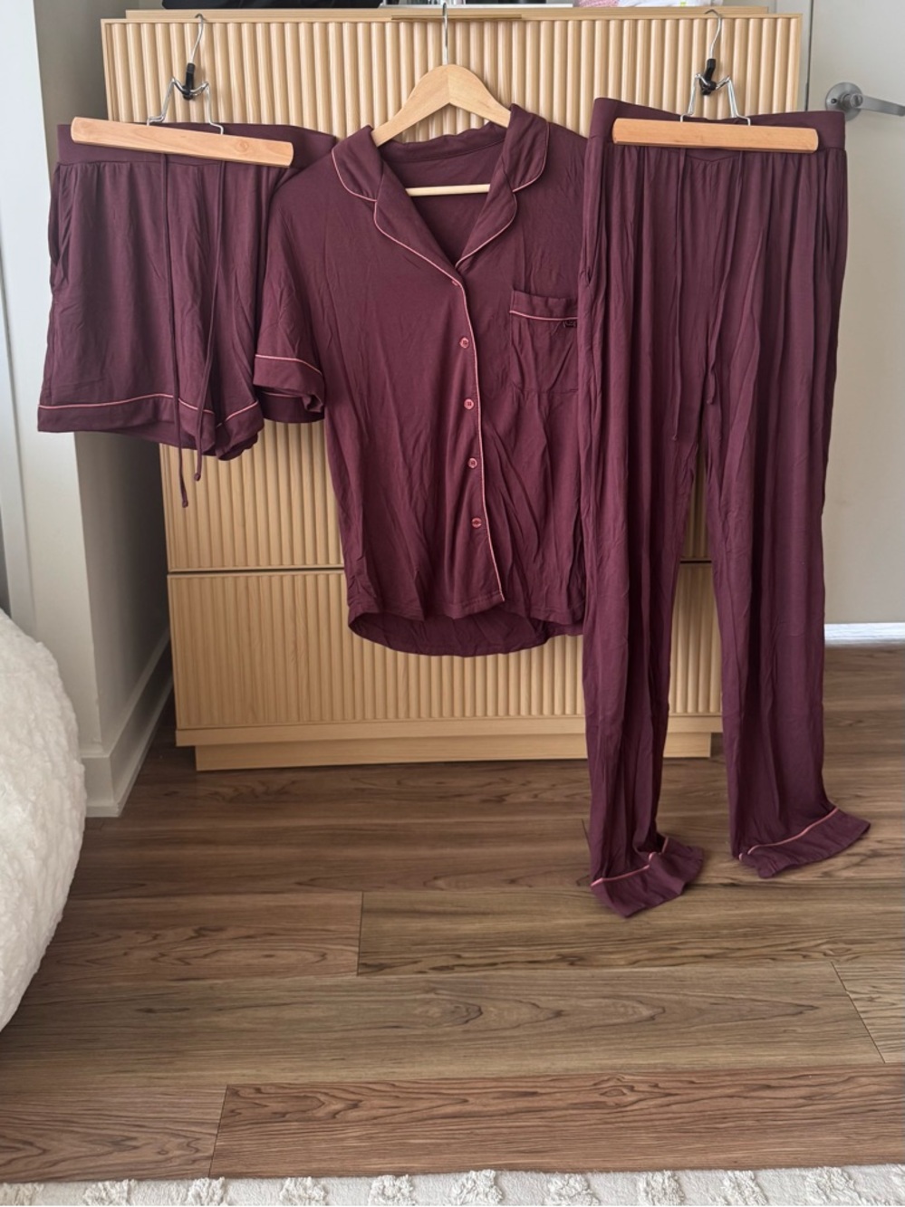 Women's Cozy Earth Burgundy Three-Piece Pajama Set with Contrast Piping